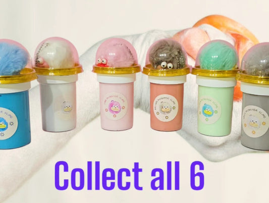 Collect all 6 in the monster slime series. This product contains non toxic glue, diluted borax, fragrance oil and washable paint.